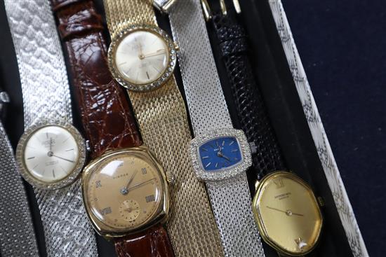 Two ladys steel and gold Omega wristwatches and six other assorted watches